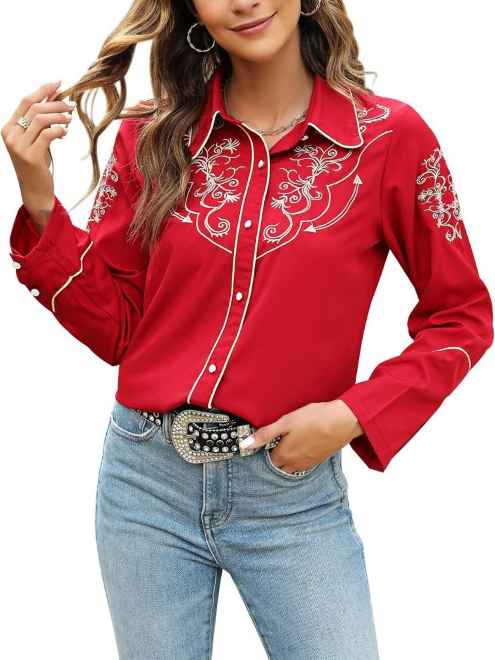 Stylish Women's Western Shirt - Long Sleeve Black Embroidered Button-Up Blouse